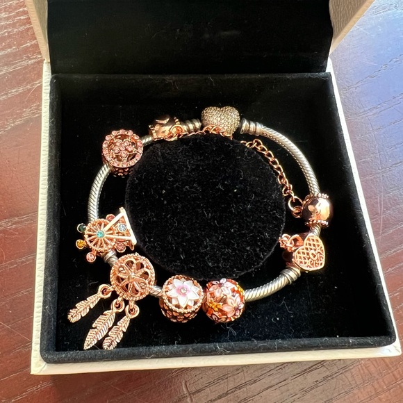 Pandora Rose Gold Pave Heart Clasp Bracelet with Fantasy Rose Gold Theme Charms - Picture 3 of 11